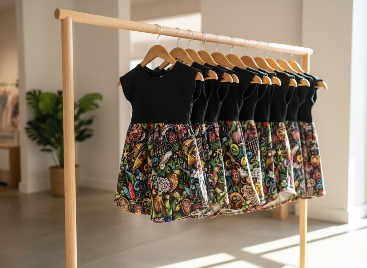 Aotearoa Dress close-up of New Zealand print kiwi birds and silver ferns