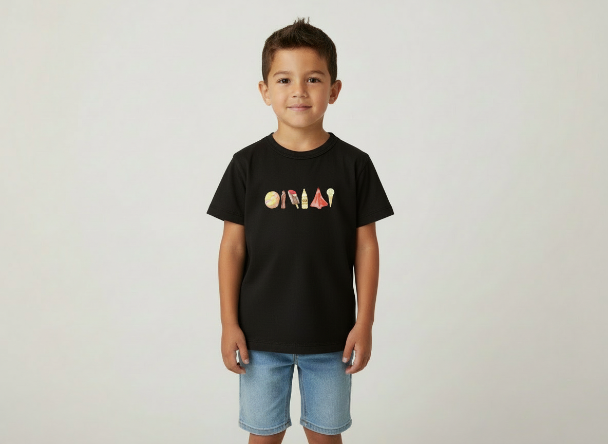 Child wearing Kiwi Sweet Treats Tee printed kids t-shirt drop tail fit