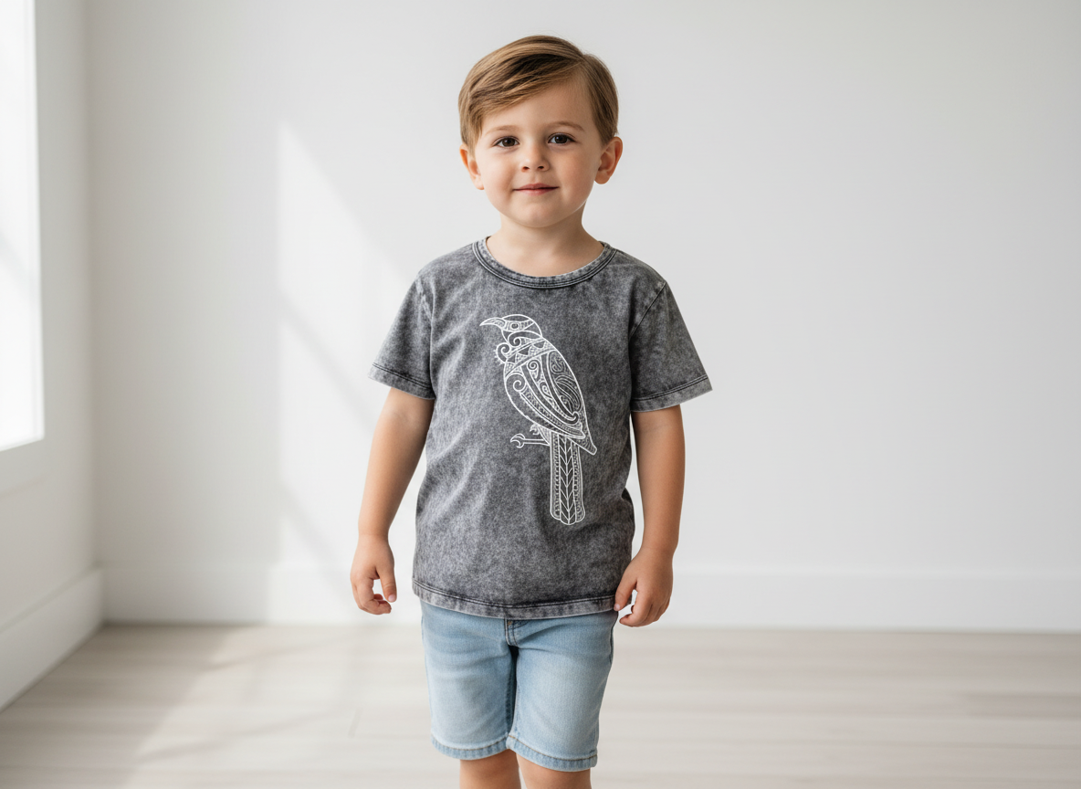 Tūī Tee kids t-shirt on model showing drop tail fit