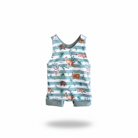 Aussie Animals Stripe Romper handmade cotton baby romper on white background
