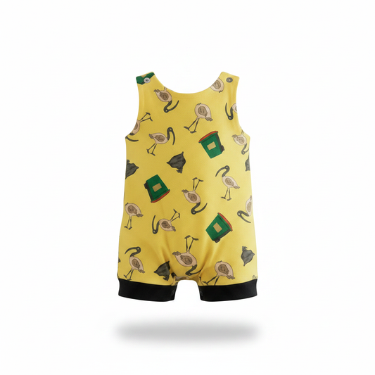 Flat lay of Bin Chicken Romper with matching accessories