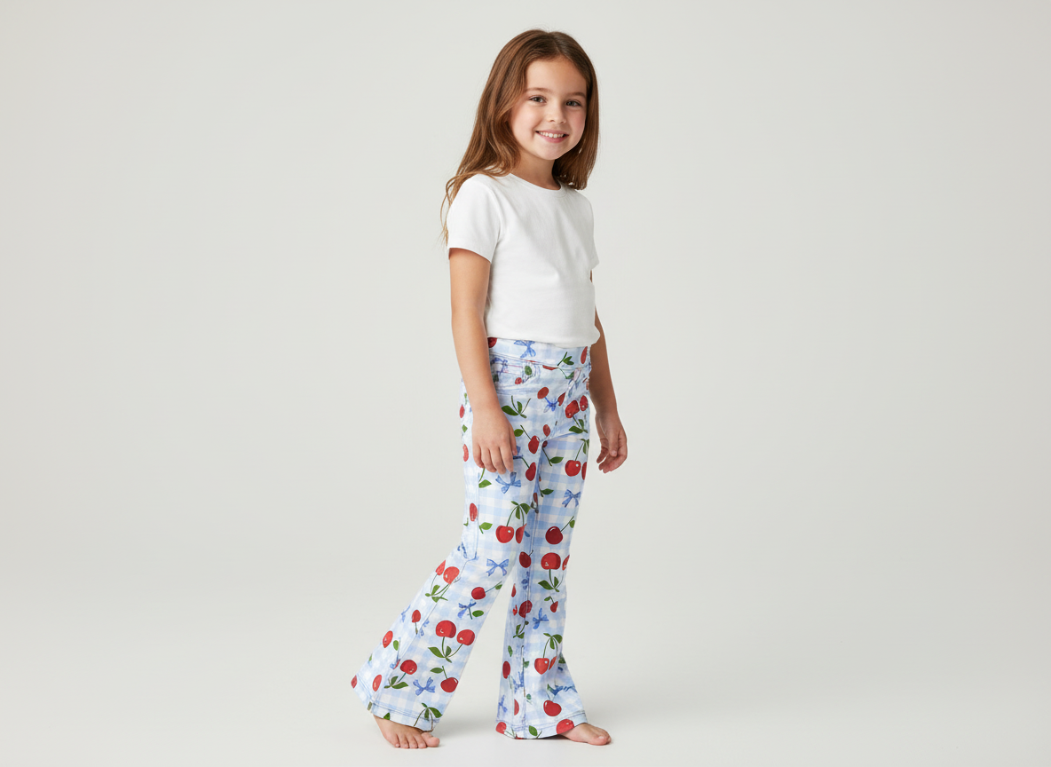 Child wearing blue cherry flares walking showing movement and flare