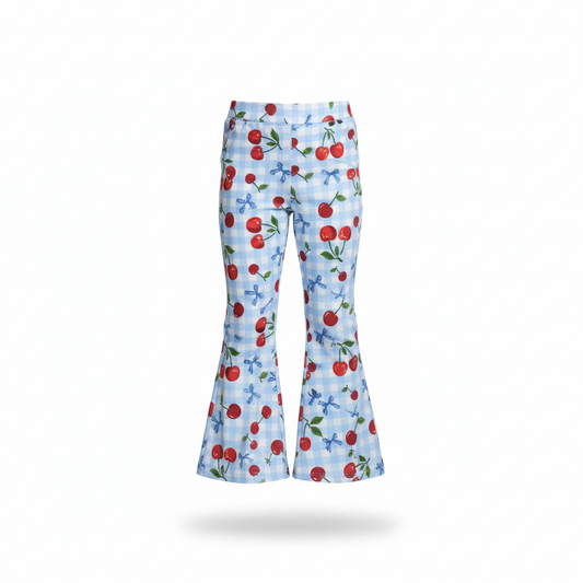 Blue cherry flares kids pants flat lay product photo