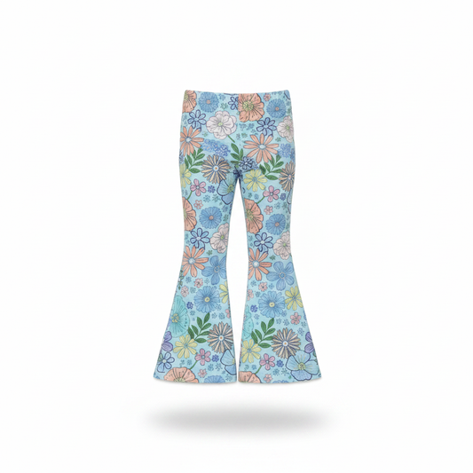 Blue floral flares kids pants flat lay product photo
