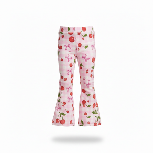 Pink cherry flares kids pants flat lay product photo