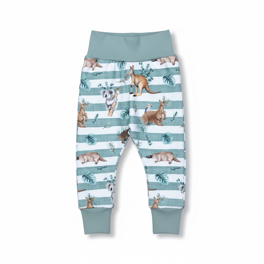 Children's pants with kangaroo and koala pattern on a white background