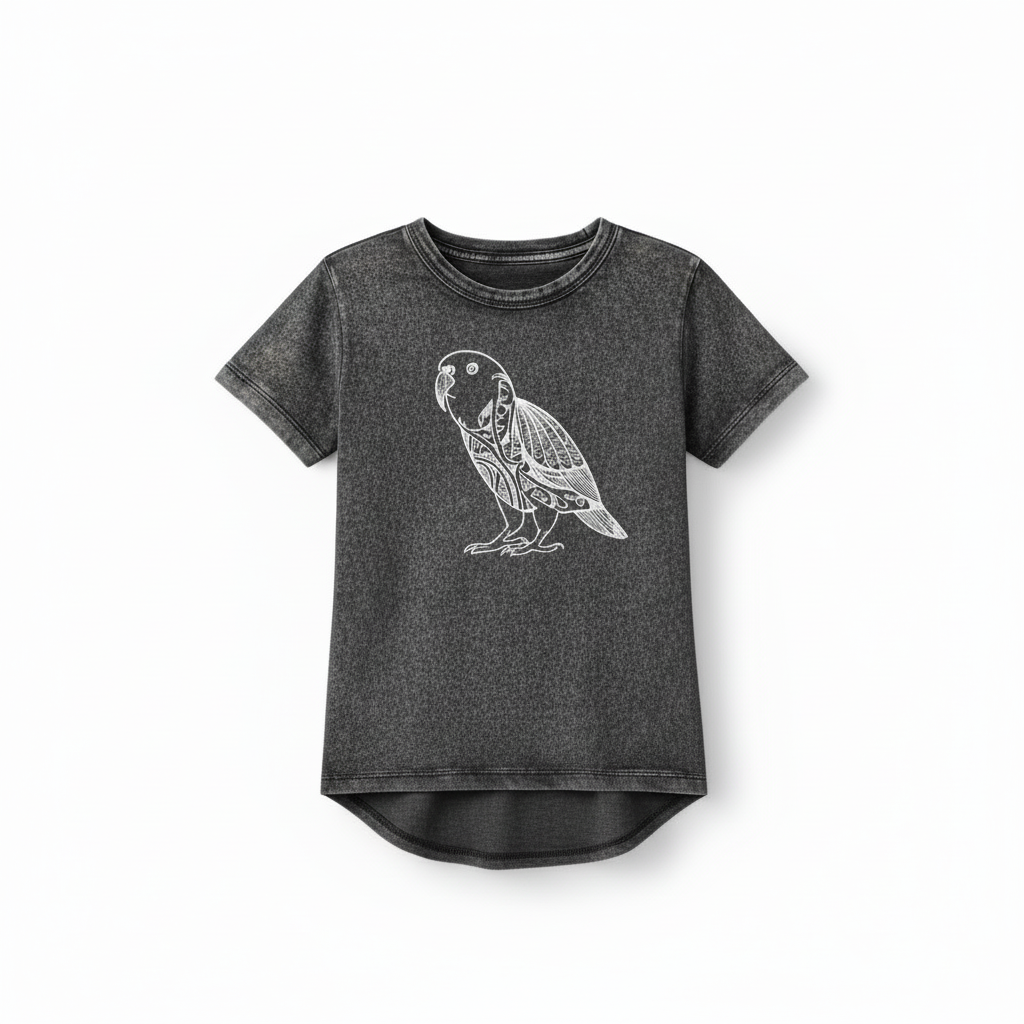 Kākāpō Tee kids drop tail t-shirt on white background