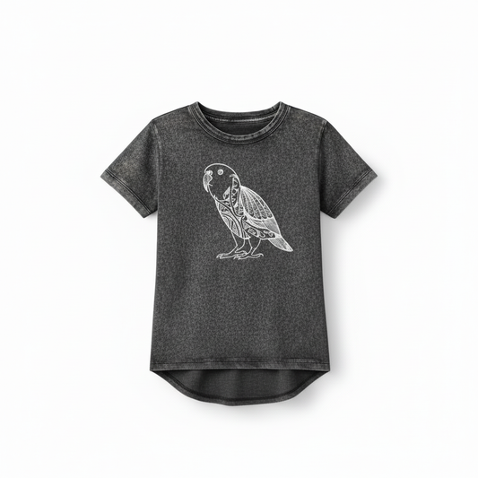 Kākāpō Tee kids drop tail t-shirt on white background