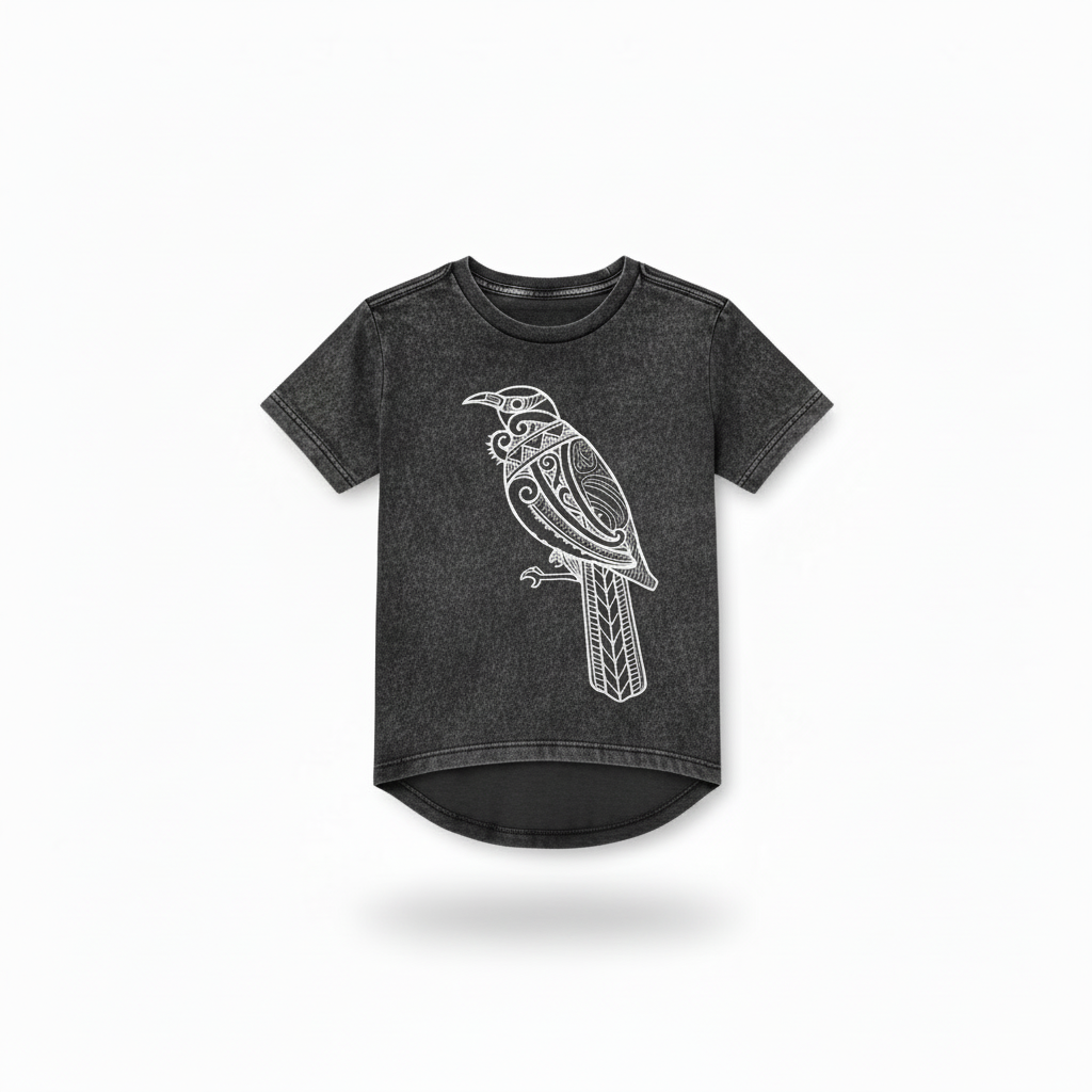 Tūī Tee kids drop tail t-shirt on white background