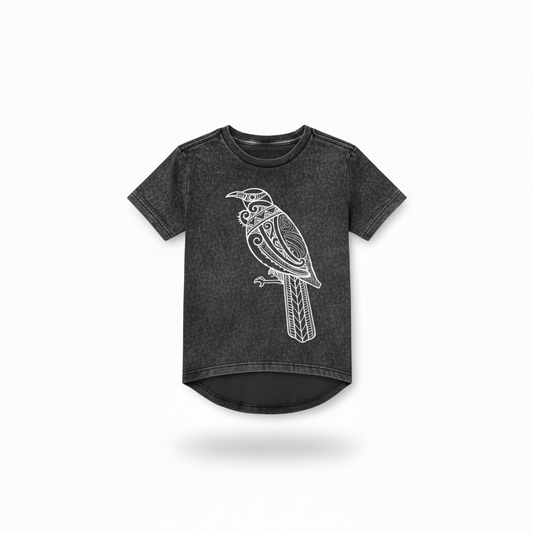 Tūī Tee kids drop tail t-shirt on white background