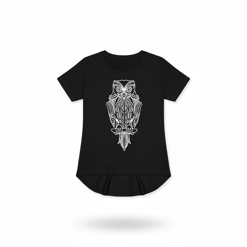 Morepork Tee kids drop tail t-shirt on white background
