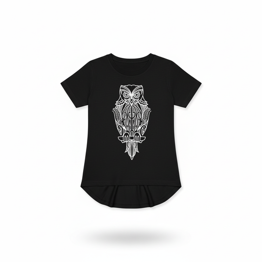 Morepork Tee kids drop tail t-shirt on white background