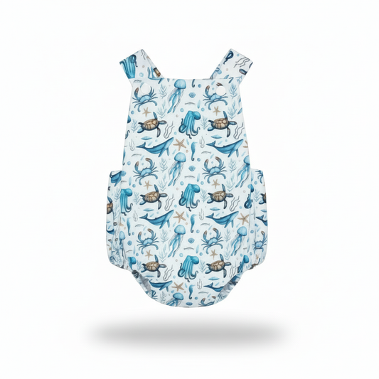Sealife Playsuit handmade cotton baby playsuit on white background