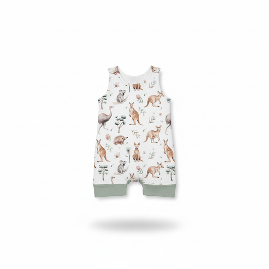 Aussie Animals Romper white handmade cotton baby romper on white background